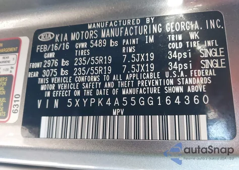 2016 Kia Sorento 3.3L Sx from USA, damaged, VIN 5XYPK4A55GG164360